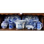 Shelf of blue and white semi-porcelain items – 2 meat plates, ginger jar, vase and jug etc