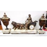 3 Piece Clock Set – a Mantel Clock with a bronzed spelter lady on a chariot, pulled by two lions, on
