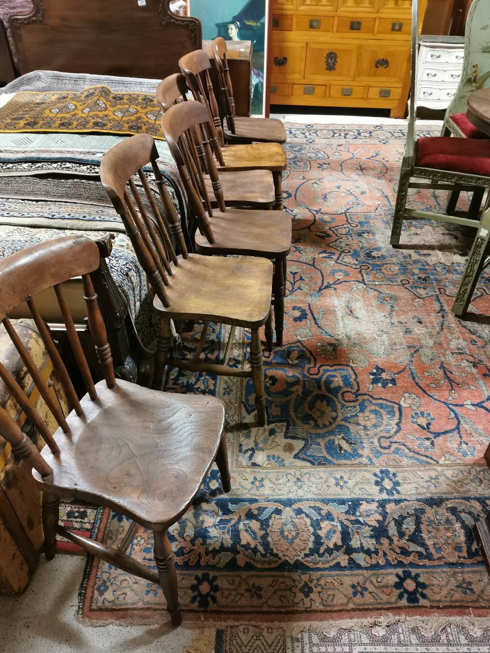 Large Old Persian Wool Floor Rug, worn all over, red ground with navy branches, 13feet x 10 feet - Image 2 of 3