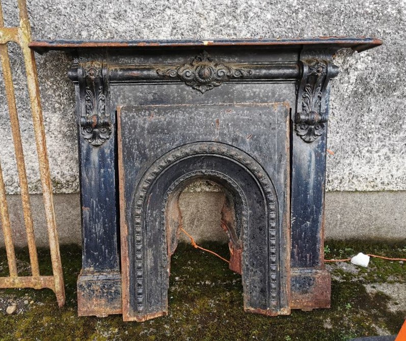 Victorian Cast Iron Fireplace, decorated with corbels, with an insert, 4ft wide x 56”w, painted