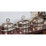 3 similar silver plated Victorian Domed Meat Dish Covers with handles, graduating sizes, 2 with