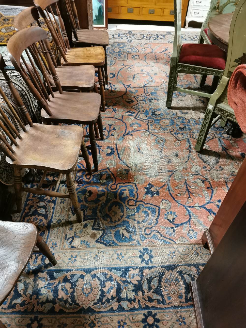 Large Old Persian Wool Floor Rug, worn all over, red ground with navy branches, 13feet x 10 feet