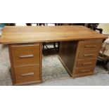 Large Kneehole Beech Writing Desk, labelled “Zemp”, 4 drawers to both pedestals, 170cm w c 86cm d