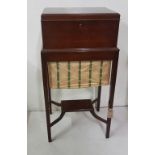 Mahogany Sewing Box with a hinged top lid enclosing fitted sewing compartments, on tapered legs,