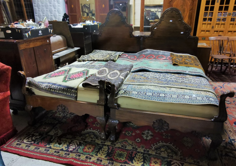 Matching pair of decorative mahogany1960s Bed Frames with good thick bases, for 3'6"mattresses