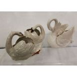 Early 20thC Bisque Swan Shaped Bowl (no chips), 23cmH x 26cmW & a pair of pottery swans (3)