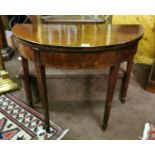 19thC Demi-Lune Mahogany Foldover Card Table, on tapered legs with line inlay, brass toes, 92cm w