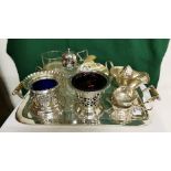 Group of Silver Plated Ware – 3 preserve pots (1 Mappin & Webb), sugar sifter, strainer etc all on a