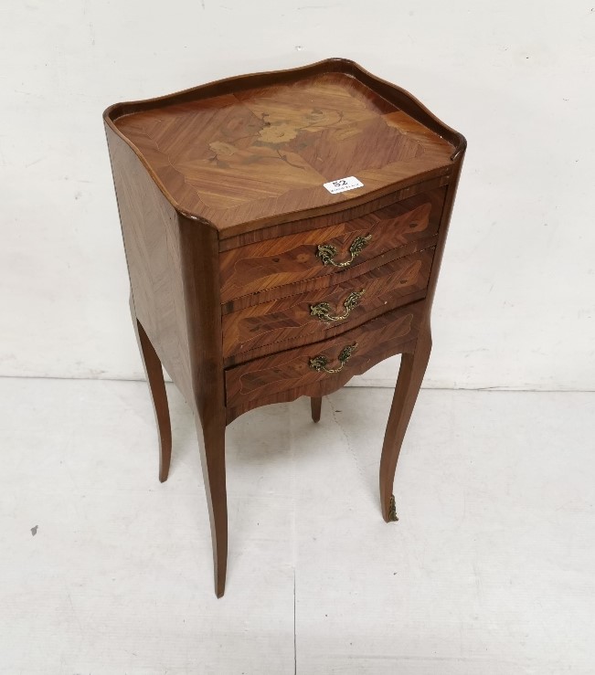 Walnut 3 drawer side cabinet, marquetry inlaid, on cabriole feet, 74cmH x 35cmW