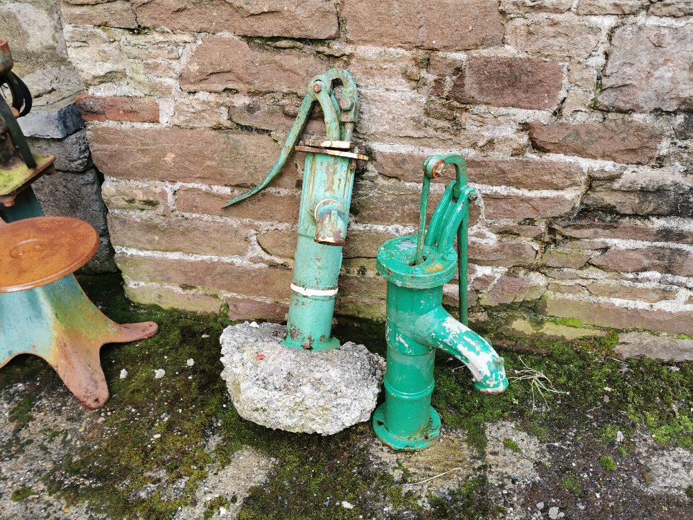 Two Cast Iron Garden Water Hand Pumps, painted green