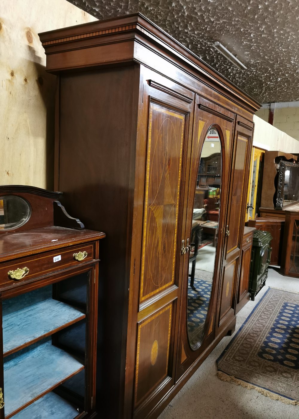 Large Edwardian Mahogany Wardrobe – 3 door - inlaid, with a central oval bevelled mirror, - Image 2 of 3