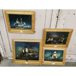 4 Wall Pictures – prints on glass – Gun Ships & Admiral Ships, in walnut frames (3 - 35cmx45cmH &