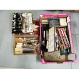 Large Box of various Flatware – bone handled knives, forks, sets of spoons etc & 2 smaller boxes