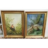 Pair of Oils – Birds perched on branches, signed Kevin March, in gold frames