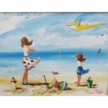 LORNA MILLAR, Oil on Board, Kite Flying at the Beach in a stepped contemporary white frame, 55cm x