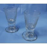Matching Pair of low 19thC Wine Glasses, nicely etched with flowers, on stepped foot pedestals, each
