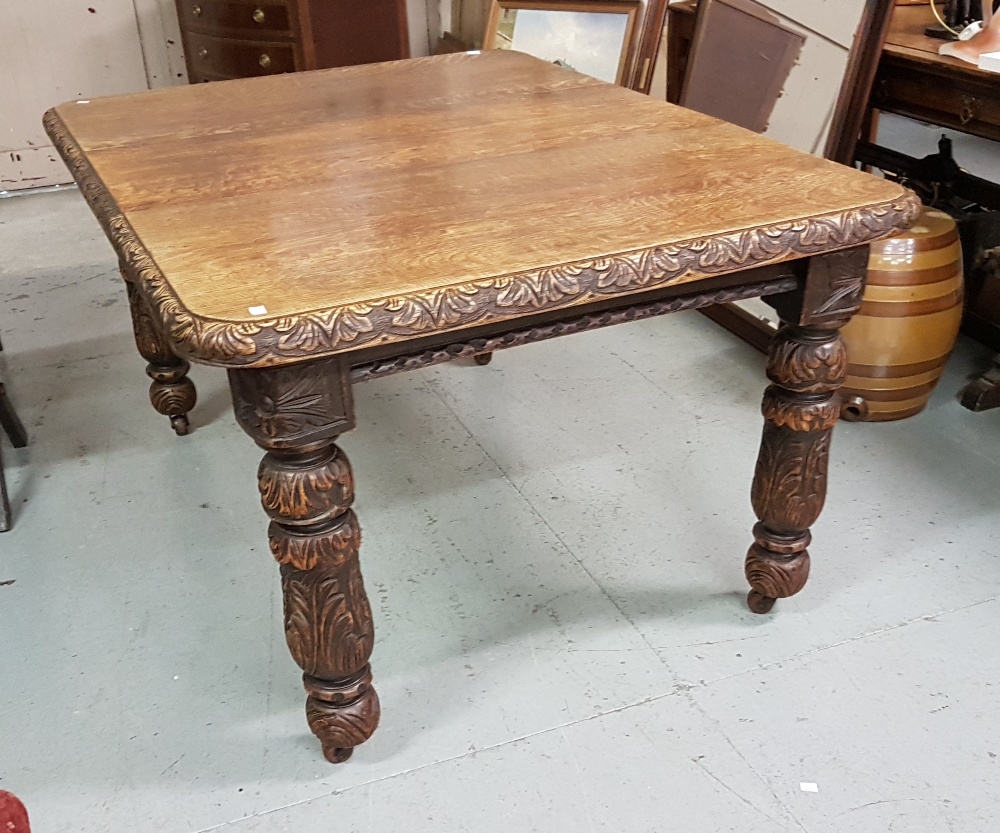 Victorian cared oak wind-out extending Dining Table (shown with removeable leaf), 140cmW x 102cm x - Image 2 of 3