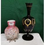 Pink Glass Vase with enamel paintwork & a red glass base with gilt cameo highlights (2)