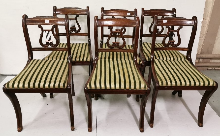 Set of 6 Regency Style Dining Chairs, lyre backs, striped green/cream seats, branded M & T,