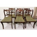 Set of 6 Regency Style Dining Chairs, lyre backs, striped green/cream seats, branded M & T,