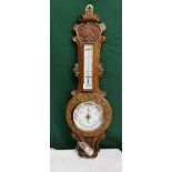 Light Oak cased Aneroid Barometer & Thermometer, 62cm h