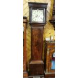 19th C Grandfather Clock, in flame mahogany case, with floral corners to the dial, stamped “F.