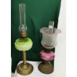 Two brass Oil Lamps – 1 with a pink glass bowl, etched shade (painted with acorns) & 1 with a