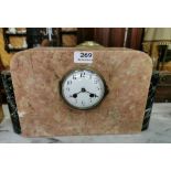 Art Deco Marble Mantle Clock, 21cm x 38cm, a red marble case with oval-shaped green side panels,