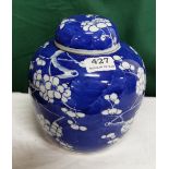 Late 19thC Bulbous Chinese Ginger Jar with a Lid - blue and white – decorated with blossoms, 20cmH x