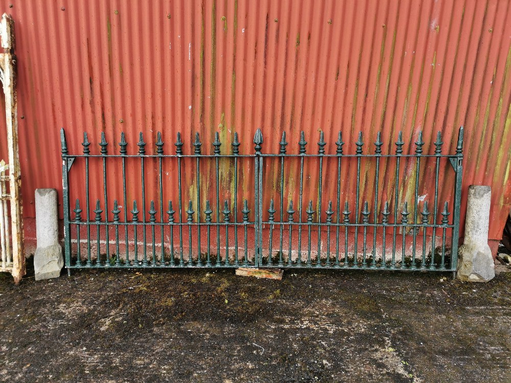 Pair of Cast Iron Entrance Gates (made from old railings), painted green, 10ft wide by 4ft high