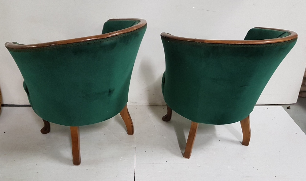 Matching pair of mahogany framed low sized Victorian Tub Chairs, green velvet padded seat and back - Image 2 of 2