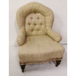 Low Victorian Easy Armchair, turned legs, beige fabric, button back