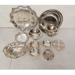 Group of Silver Plated Trays, some round with decorative borders, ornate Basket etc (12)