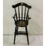 Antique Elm Baby’s High Chair, with removeable hand rail, on turned front legs, 92cmH