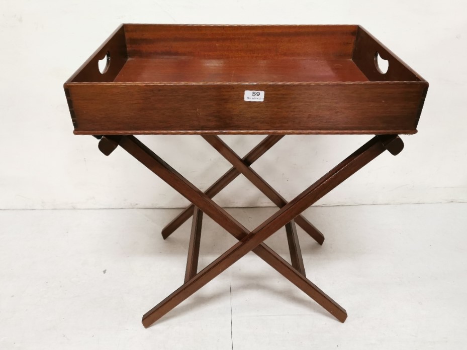 Early 20thC Mahogany Butlers Tray with integral handles, on a folding stand, 72cm x 48cmW x 93cmH