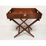 Early 20thC Mahogany Butlers Tray with integral handles, on a folding stand, 72cm x 48cmW x 93cmH