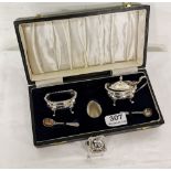 5 Piece English Silver Condiment Set – including cruets, spoons and original blue glass inserts,