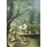 Large reproduction oil on canvas – Classical Ducks and water birds, hens etc at a pond, gold
