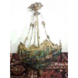 Colourful Basket Shaped Glass Ceiling Light, on a brass frame, 48cm Dia x 85cmH (including fixed