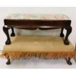 Two long mahogany framed window seats/piano stools, with padded tops (1 floral, 1 cream)