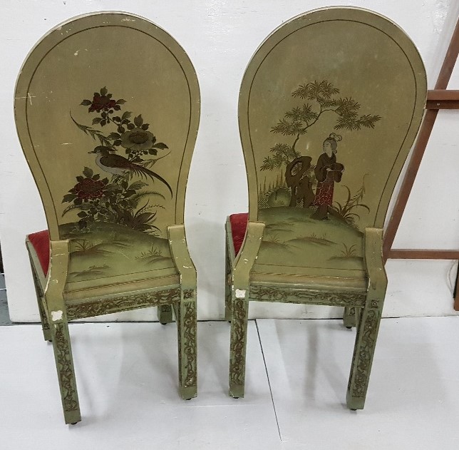 Matching Set of 6 Japanese Dining Chairs, the high and pear-shaped backs featuring raised Japanese - Image 2 of 2