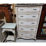 French style painted and parcel gilded Chest of 5 Drawers, 133cm, with a mirrored top & a small