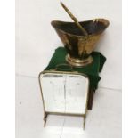 A small cut glass & brass Fire Screen & a brass coal helmet (2)