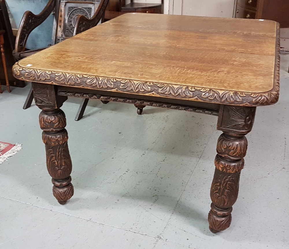 Victorian cared oak wind-out extending Dining Table (shown with removeable leaf), 140cmW x 102cm x