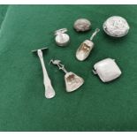 7 miniature solid silver items (English & Italian) – 2 sugar spoons, a vesta, 2 pill boxes, a