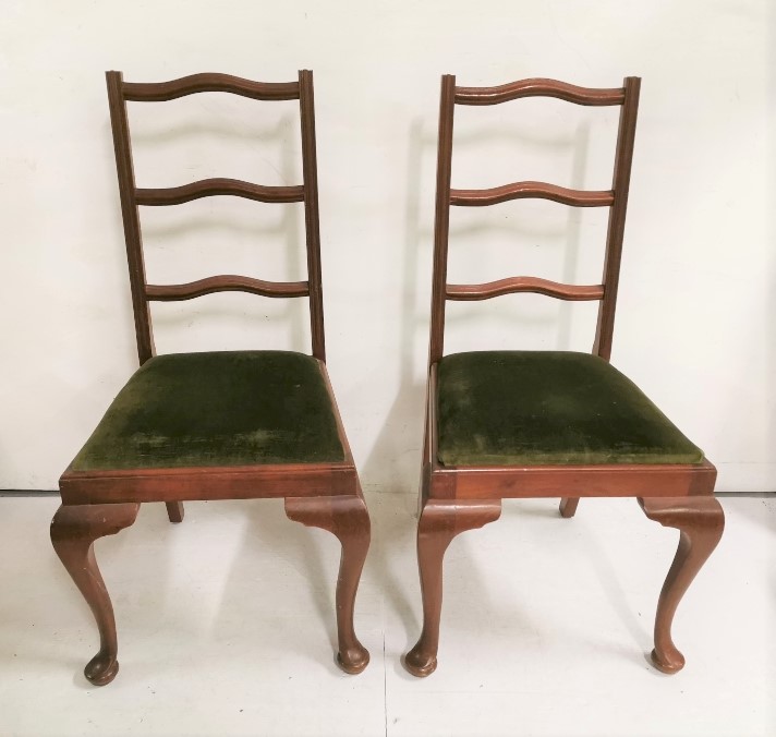 Set of 6 x 1980’s Teak Dining Chairs, with waved ladder backs, green covered removeable padded