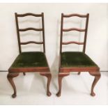 Set of 6 x 1980’s Teak Dining Chairs, with waved ladder backs, green covered removeable padded