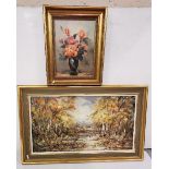 F ENGLEFIELD Two Oils on Canvas – Autumnal Forest Scene and a smaller floral still life, floral (2)