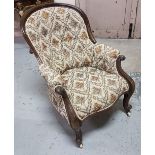 Victorian Mahogany Framed Cabriole Leg Armchair, brown floral fabric
