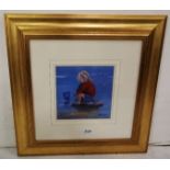 Painting - Boy in Rock Pool, signed M Wilson, 20cm x 20cm, mounted in gold frame